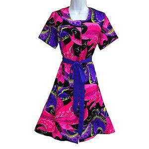 Vintage Barkcloth Moon Glow Dress Full Button Front Square or V Neck Butterflies